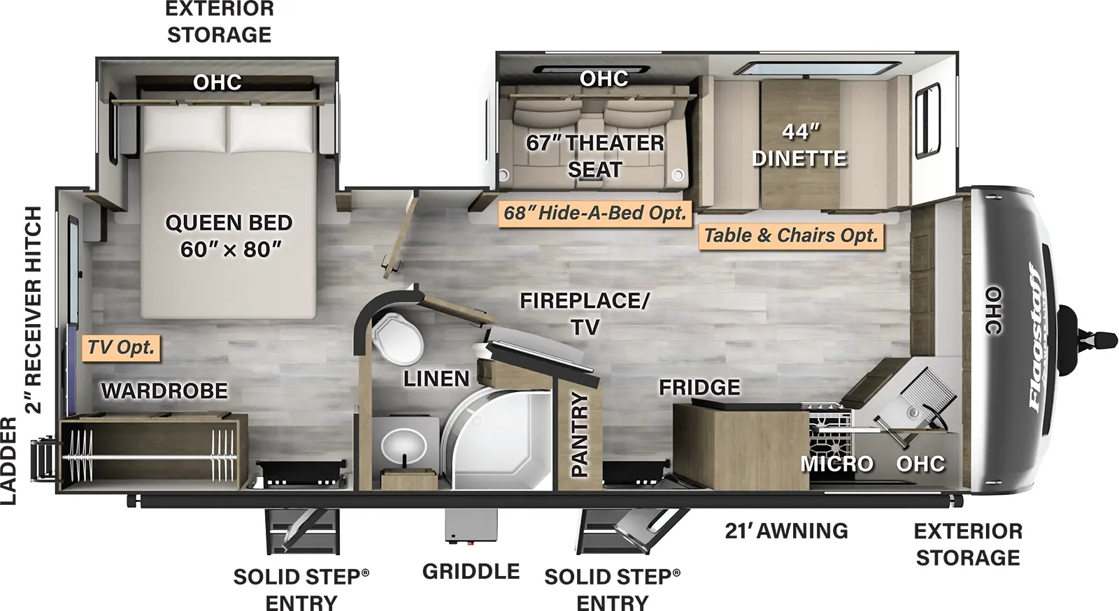 The 26FKBS has two slideouts and two entry doors. Exterior features a 21 foot awning, solid step entries, exterior storage, griddle, rear ladder, and 2 inch receiver hitch. Interior layout front to back: kitchen counter and overhead cabinets along front wall wrapped to door side sink, microwave, cooktop, refrigerator, entry and pantry; off-door side slideout with a dinette (table and chairs optional) and theater seating (hide-a-bed optional) with overhead cabinets; angled TV and fireplace along inner wall; pass through full bathroom with linen cabinet on door side; rear bedroom with off-door side queen bed slideout with overhead cabinets, and door side second entry and wardrobe (TV optional).